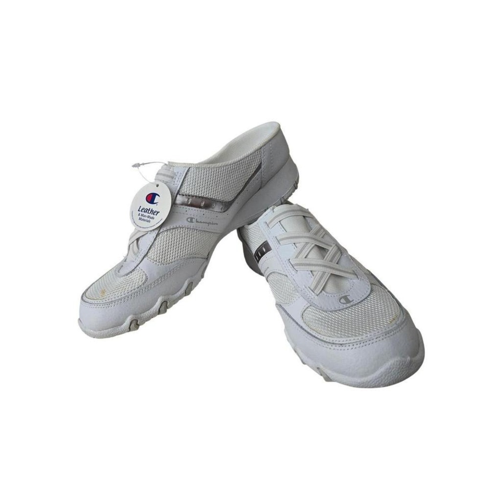 Champion Womens White Leather Mesh Mule Sneakers Slip On Backless Shoes Size 9